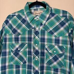 Wrangler Men's Shirt Sz Large Western Plaid Pearl Snap Green Long Sleeve‎